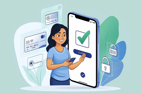 Pessoa usando um smartphone para fazer um pagamento online com segurança, enquanto um ícone de verificação ou cadeado aparece na tela, representando proteção e confiabilidade nas transações digitais.
